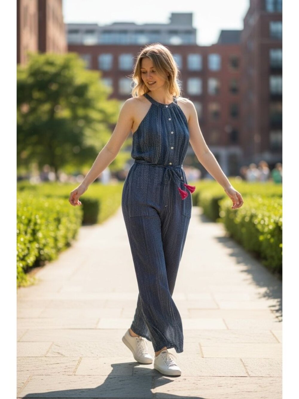 THML Blue Print Sleeveless Halther Jumpsuit Tassel Tie Straight Leg Cotton SZ L